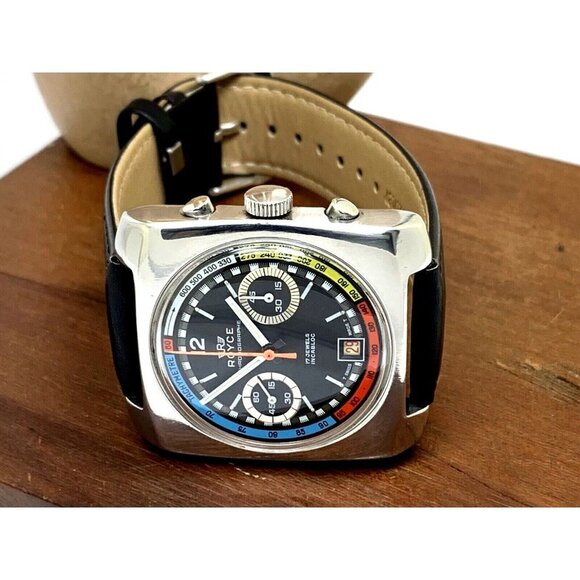 Royce Men's Watch Vintage 1970s Swiss Manual Wind Chronograph Rainbow Bl… - Picture 9 of 15
